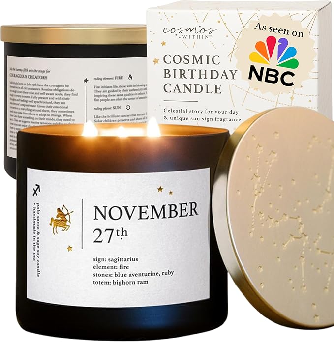 November 27th Personalized Zodiac Candle | Inspirational Astrology Reading and Daily Affirmation for Your Birthdate | Handmade Sagittarius Candles | Astrology Birthday Gifts for Women