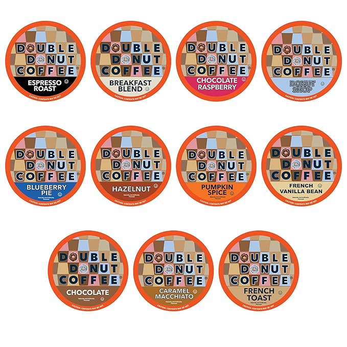 Double Donut Coffee Variety Pack Assorted Medium Roast, Dark Roast & Flavored Coffee in Recyclable Single Serve Cup, 80 Count