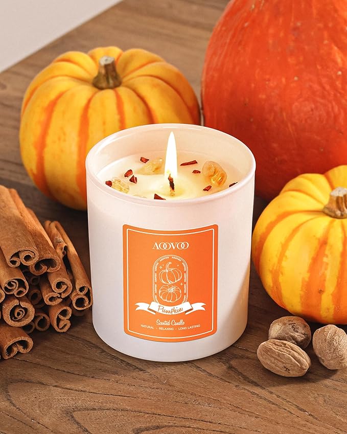 AOOVOO Pumpkin Scented Candles for Women - Aromatherapy Candle with Crystals Inside, 10oz Soy Candles for Home Scented, Birthday Gifts Candle for Women Mom