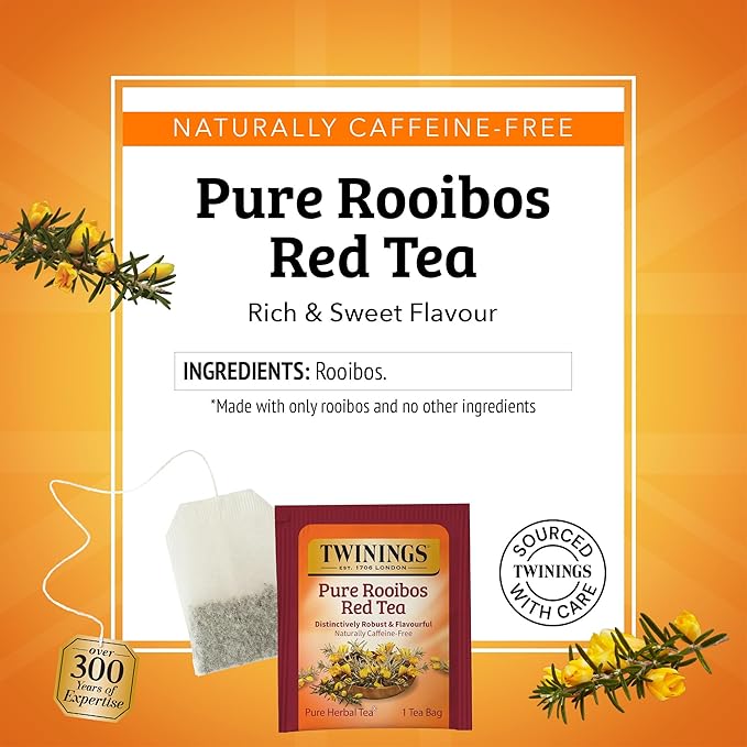 Twinings Pure Rooibos Red Herbal Tea Individually Wrapped Bags, 20 Count (Pack of 1), Sweet with Uplifting Aroma, Naturally Caffeine-Free, Enjoy Hot or Iced, 20 Teabags