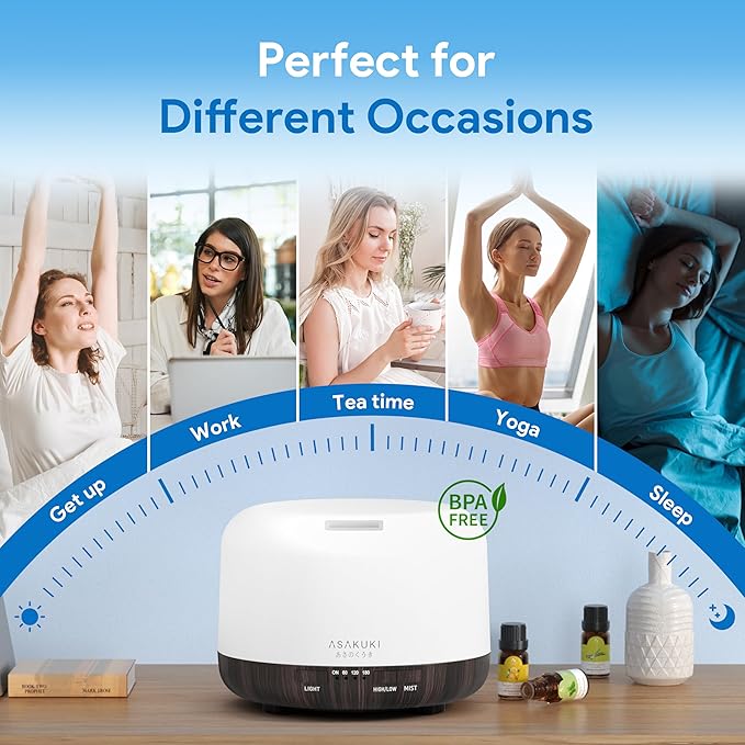 ASAKUKI 500ml Premium, Essential Oil Diffuser with Remote Control, 5 in 1 Ultrasonic Aromatherapy Fragrant Oil Humidifier Vaporizer, Timer and Auto-Off Switch Brown