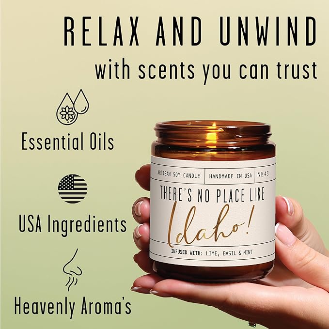 Idaho Gifts, Idaho Decor for Home - 'There's No Place Like Idaho Candle, w/Lime, Basil & Mint I Idaho Souvenirs I Idaho State Gifts I 9oz Jar, 50Hr Burn, USA Made
