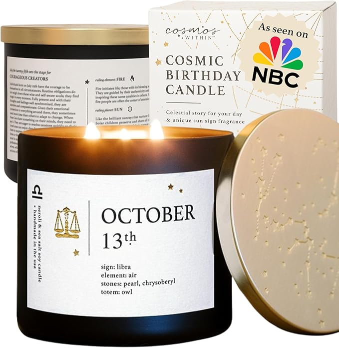 October 13th Personalized Zodiac Candle | Inspirational Astrology Reading and Daily Affirmation for Your Birthdate | Handmade Libra Candles | Astrology Birthday Gifts for Women