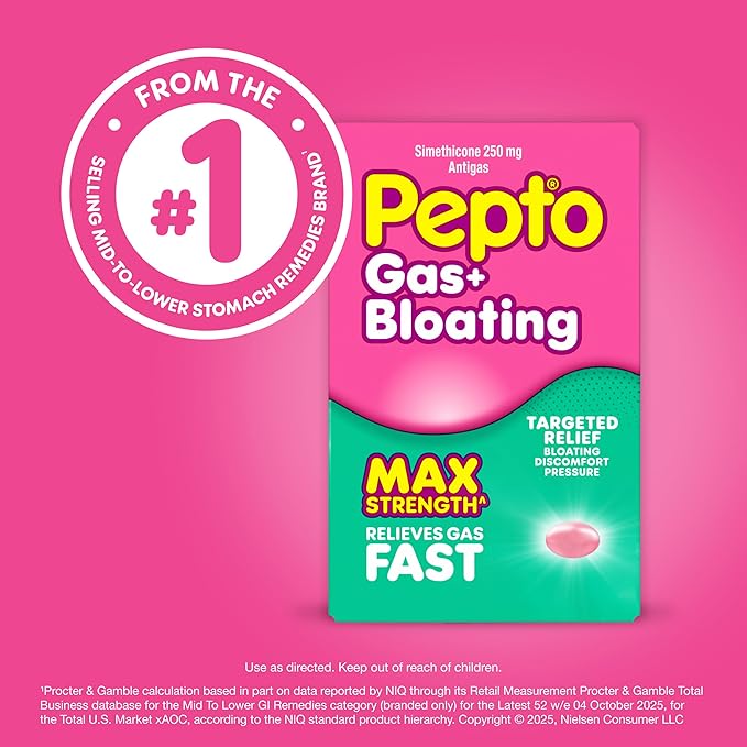 Pepto Gas + Bloating, Simethicone 250 mg Softgels, 50 Count, Gas Relief for Adults, Anti Gas and Bloating, Gas Relief Maximum Strength