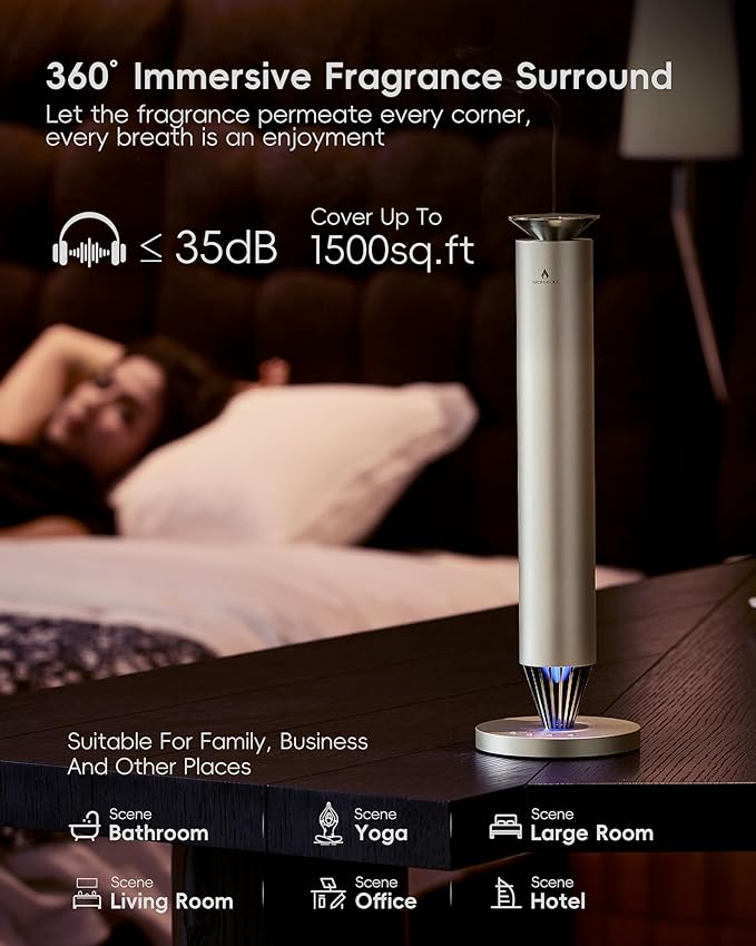 Waterless Scent Diffuser Starter Kit - 1500 Sq Ft Coverage, Alloy Atomization System,Mood Light,Smart Rechargeable Hotel Scent Diffuser, Including 120ml Essential Oil, for Home,Large Room,Spa,Silver