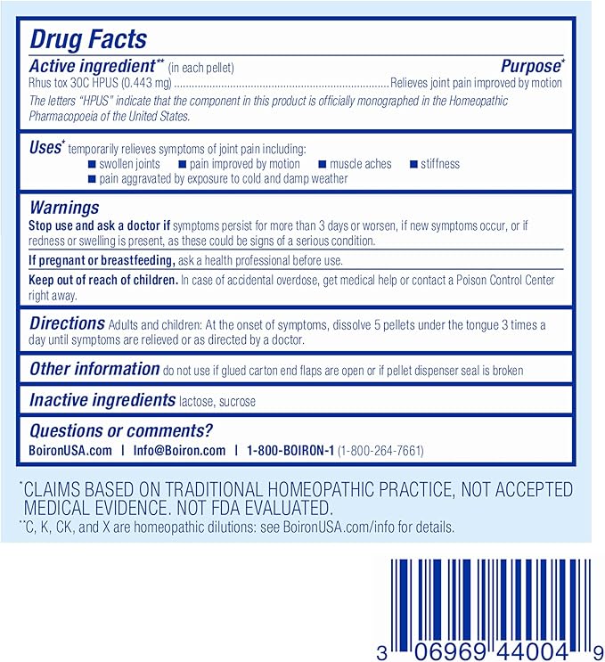 Boiron Rhus Tox 30C Homeopathic Medicine for Relief from Joint Pain, Muscle Aches, Swollen or Stiff Joints, and Weather Related Aches - 3 Count (240 Pellets)