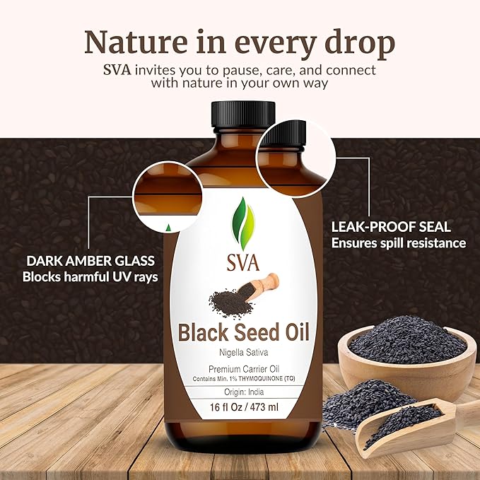 SVA Black Seed Oil - 16 Fl Oz – 100% Natural Cold Pressed Black Seed Oil - for Face, Skin Care, Hair Care, Scalp Massage & Body Massage – Carrier Oil