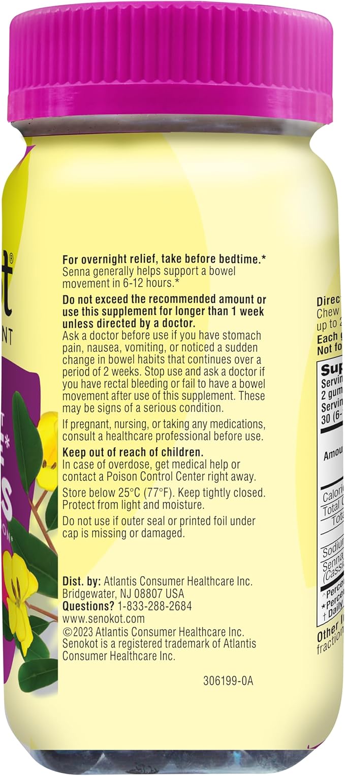 Senokot Dietary Supplement Laxative Gummies, Natural Senna Extract, Gentle, Overnight Relief From Occasional Constipation, Mixed Berry Flavor, 60 Count.