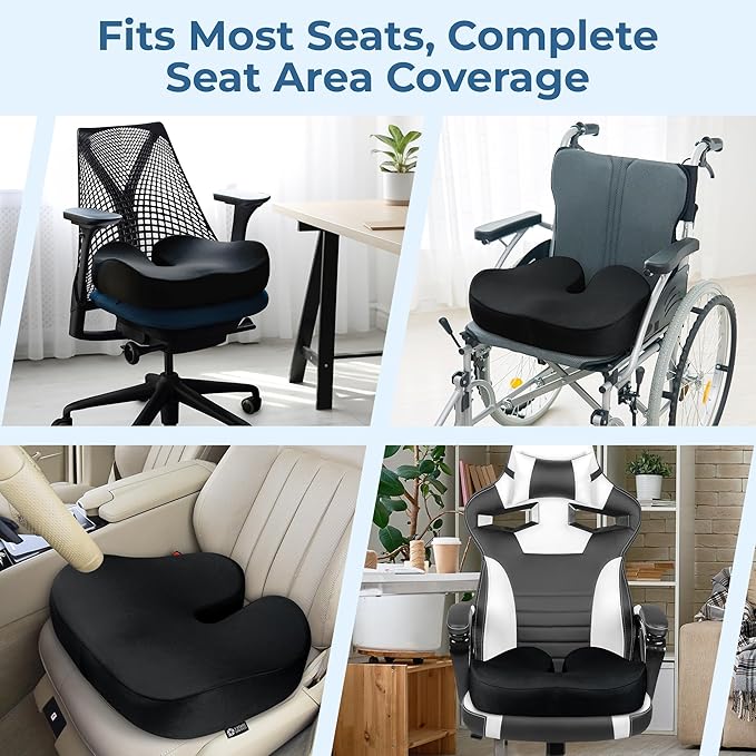 5 STARS UNITED Seat Cushion for Tailbone Pain Relief – Large Memory Foam Cushion for Coccyx, Hip, Sciatica & Post-Surgery Recovery – Wheelchair, Car, Desk, Gaming & Office Chairs, Black
