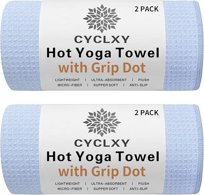 CYCLXY 2 Pack Hot Yoga Towel with Grip Dot，Stickyfiber Yoga Mat Towels Non Slip for Hot Yoga,Absorbent Microfiber Sweat Anti-Slip Cover,Bikram,Pilates,Exercise,Fitness