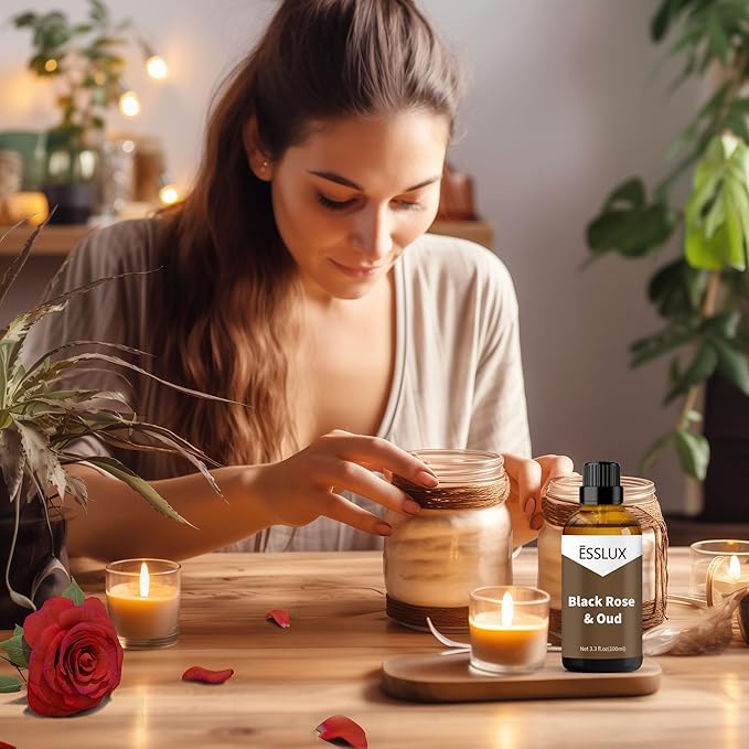 Black Rose & Oud Fragrance Oil, ESSLUX Large Single Scented Oils 100 ml (3.3 oz), Aromatherapy Essential Oils for Home for Diffuser, Massage, Soap, Candle Making Scents