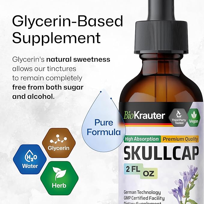 BIO KRAUTER Skullcap Herb Tincture - Scutellaria Lateriflora Liquid Extract - Alcohol and Sugar Free - Vegan Drops 2 Fl.Oz.