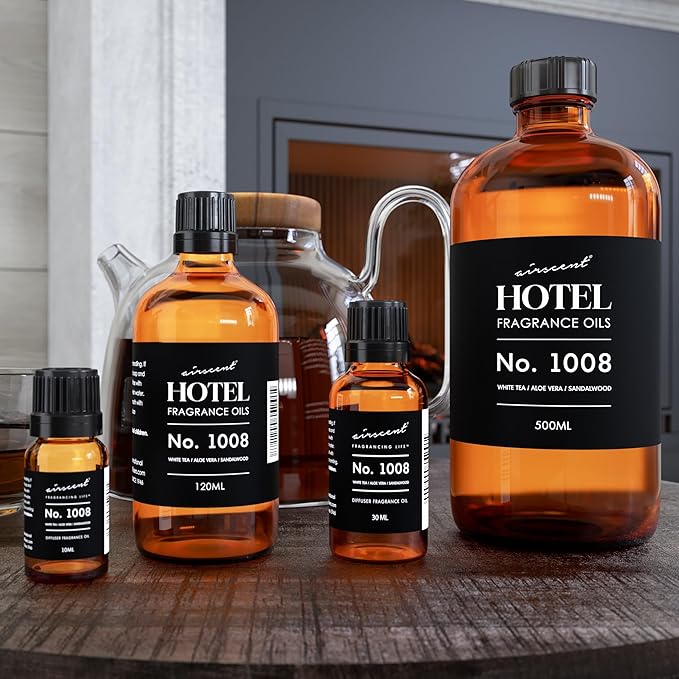 AirScent Hotel Diffuser Oil No. 1008 - White Tea, Aloe Vera & Sandalwood - Premium Fragrance Oil for Ultrasonic and Waterless Diffusers and Crafting - 500 mL, 16.9 fl oz Glass Bottle