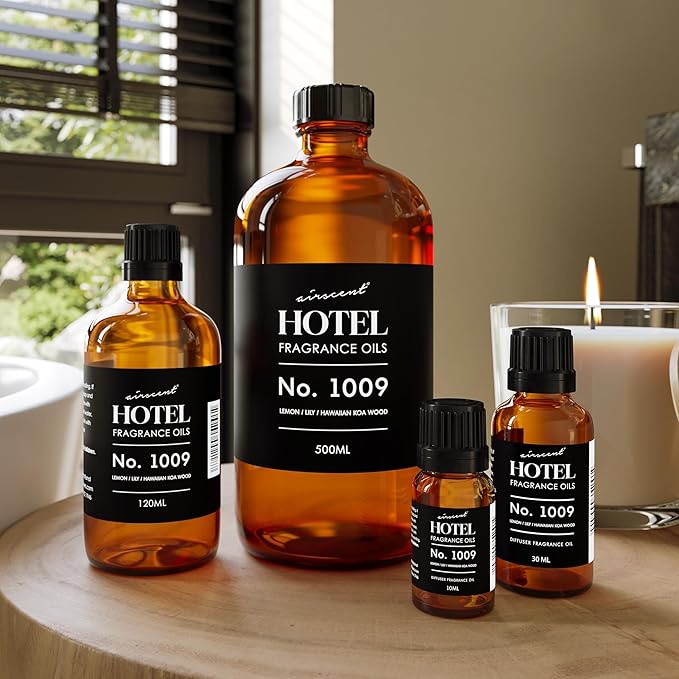 AirScent Hotel Diffuser Oil No. 1009 - Lemon Lily Hawaiian Koa Wood - Hotel Scent Dupe - Premium Fragrance Oil for Ultrasonic and Waterless Diffusers and Crafting - 30 mL, 1 fl oz Glass Bottle