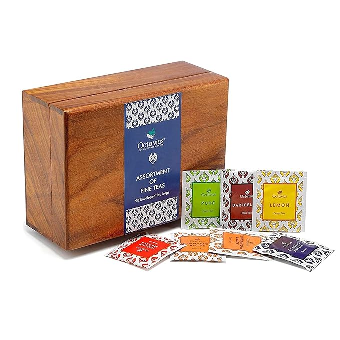 Octavius Gift's Select - Assorted Tea in Wooden Box | 6 Flavors, 90 Tea Bags | Black & Green | Gifts for Women & Men | Variety Pack