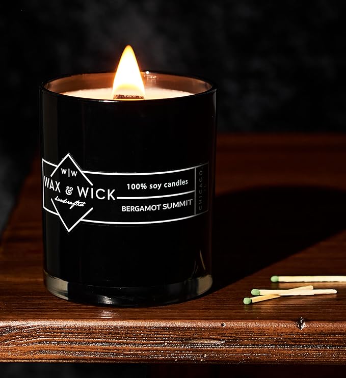 Wax & Wick 12oz Scented Candle for Men, 100% Soy Wax, Double Wood Wick, Black Jar, Bergamot Summit Scent, Long Lasting, Masculine Scents, Perfect for Home, Mancave, Bachelor Pad, Men's Gift - USA Made