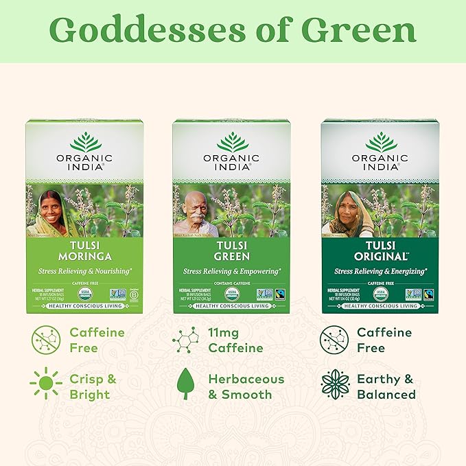 Organic India Tulsi Green Tea Bags - Holy Basil Tea, African Basil, Stress Relieving, Immune Support, USDA Certified Organic, Premium Darjeeling Green Tea, Caffeinated - 18 Infusion Bags, 6 Pack