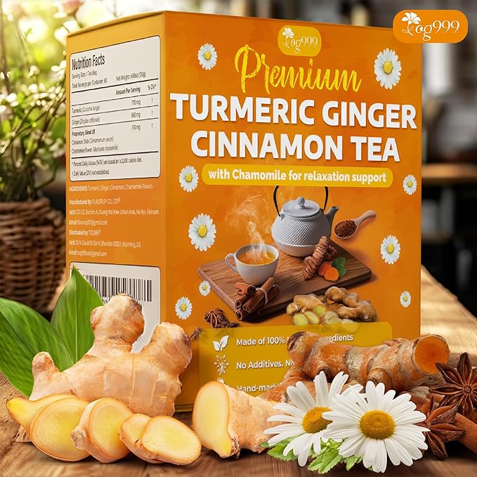 TOG999, Turmeric Ginger Cinnamon Tea Bags | 120 Count | Herbal Blend with Turmeric, Ginger, Cinnamon Stick & Chamomile Flowers for Relaxation | Naturally Flavorful, Caffeine-Free | Packed in Paper Box