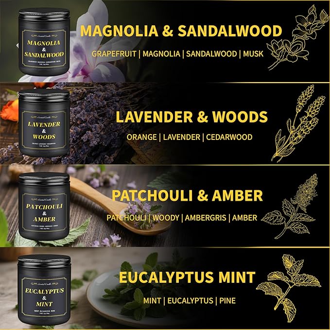 Scented Candles for Men, 4 Pack Mens Candle Christmas Gift, 28oz Soy Wax Candles - Lavender/Patchouli/Sandalwood/Eucalyptus, Candles Gift for Dad, Husband, Boyfriend, Christmas, Helloween, New Year