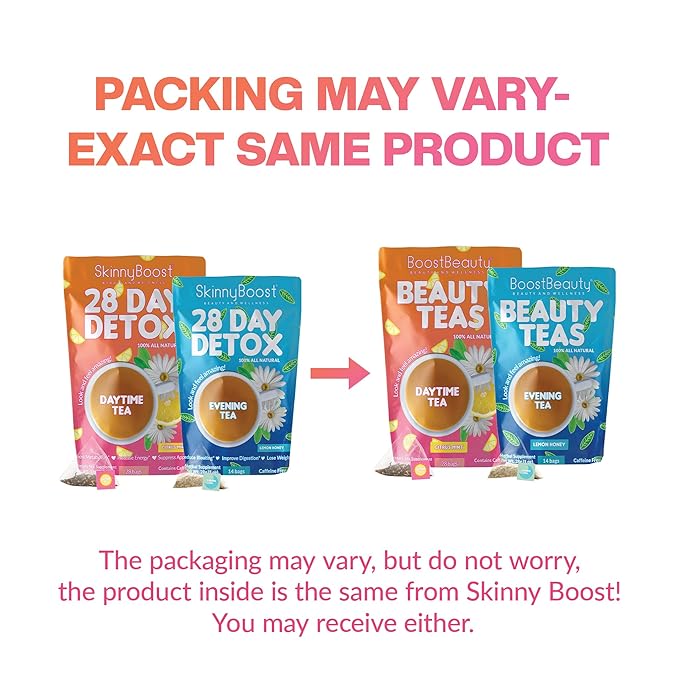 Skinny Boost Detox Tea Kit- 2 PACK –1 Daytime (28 Bags) + 1 Evening -(14 Bags) – Herbal Detox for Weight, Metabolism, Energy, Bloating & Colon Cleanse – Green Tea, Vegan, Keto, Non-GMO, Sugar-Free