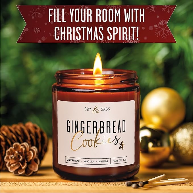 Gingerbread Candle, Christmas Candles Scented – ‘Gingerbread Cookies’ Soy Candle, w/Gingerbread, Cinnamon & Vanilla - Infused with Essential Oils I 9oz, 50Hr, Made in USA