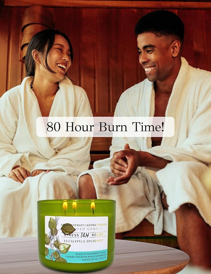 Eucalyptus Spearmint Aromatherapy Candle 3-Wick | Soy Scented Candle for Home 15.8 oz | Stress Relief Candle | Spa Candles Gift for Relaxation, Men & Women | Long Lasting Eucalyptus Candles