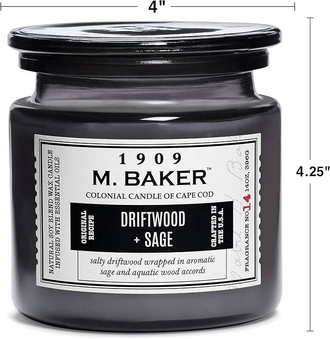 Colonial Candle Driftwood Sage Scented Jar Candle | 2-Wick Natural Soy Blend Wax Candle for Home | Relaxing Aromatherapy Candle Infused with Essential Oils | M. Baker Apothecary Glass Jar Candle