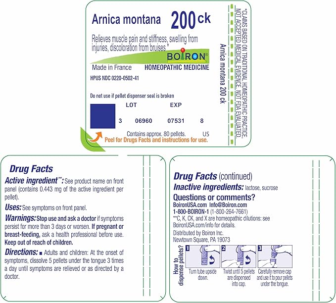 Boiron Arnica Montana 200Ck for Muscle Pain, Stiffness, Swelling from Injuries & Bruises - 80 Pellets (Pack of 2)