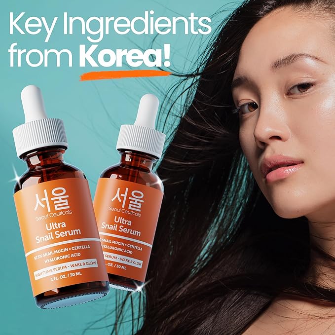 SeoulCeuticals Korean Skin Care 97.5% Snail Mucin Serum – K Beauty Skincare Anti Wrinkle Cica Night Serum Hyaluronic Acid for Face 1oz
