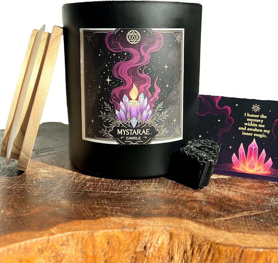 Wick & Whisper - Mystarae Ritual Candle — Patchouli & Bergamot Aromatherapy Soy Candle for Emotional Grounding, Self‑Care Rituals, Moon Work | 10 oz Matte Black Jar