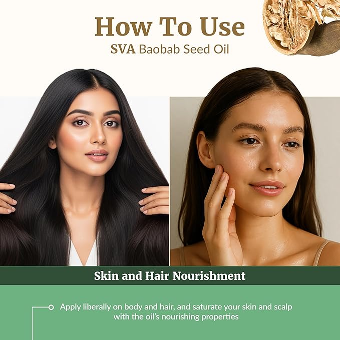 SVA Baobab Seed Oil Organic - 4 Fl Oz – 100% Natural Cold Pressed Organic Baobab Oil - for Face, Skin Care, Hair Care, Scalp Massage & Body Massage – Carrier Oil with Dropper