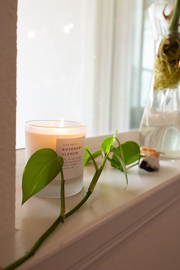 Slow North Rosemary + Lemon Candle - Essential Oils and Pure Soy Wax Candle in a Reusable Frosted Glass Jar - A Unique Scented Candle Hand-Poured in The USA (8 oz)