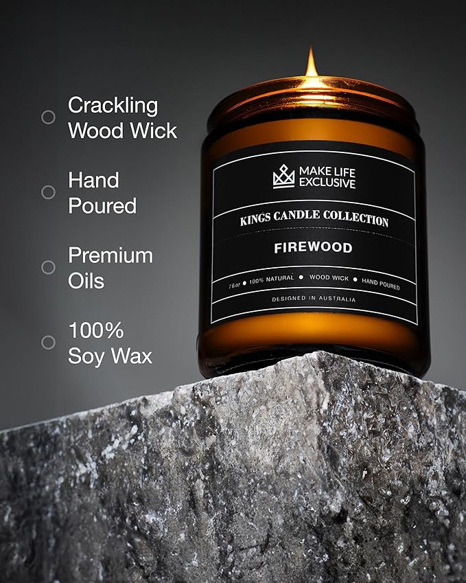 Scented Candles for Men | Firewood & Campfire Scented|Wooden Wick, Long Lasting, Masculine Scents | Natural Soy Jar Candle for Home, Bachelor Pad Decor | The Perfect Mens Gift.