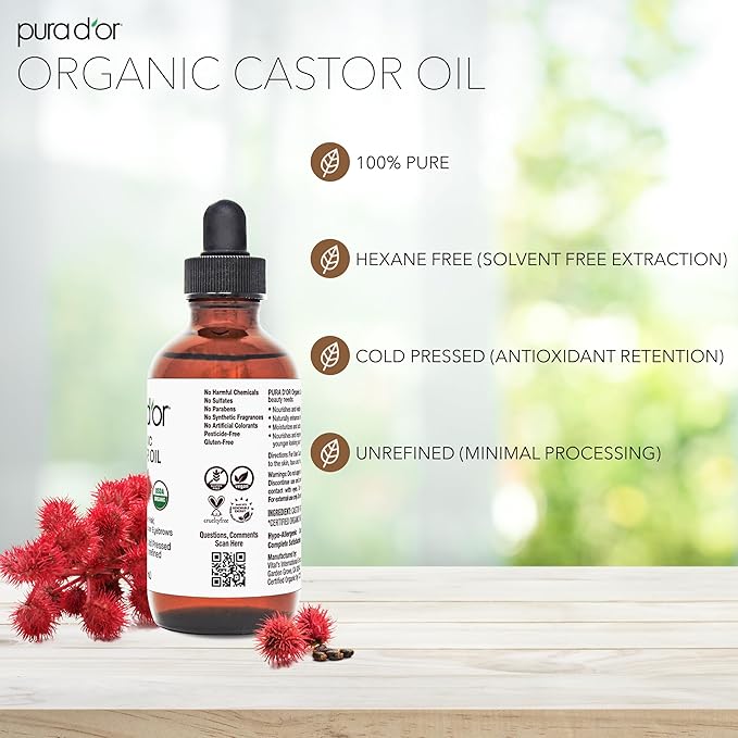 PURA D'OR 4 Oz Organic Castor Oil – Pure Cold-Pressed, Hexane-Free, USDA Certified – Lashes, Brows, Hair, Scalp, Skin – Botanical Moisturizer Supporting Softness, Strength, Hydration, Shine & Radiance