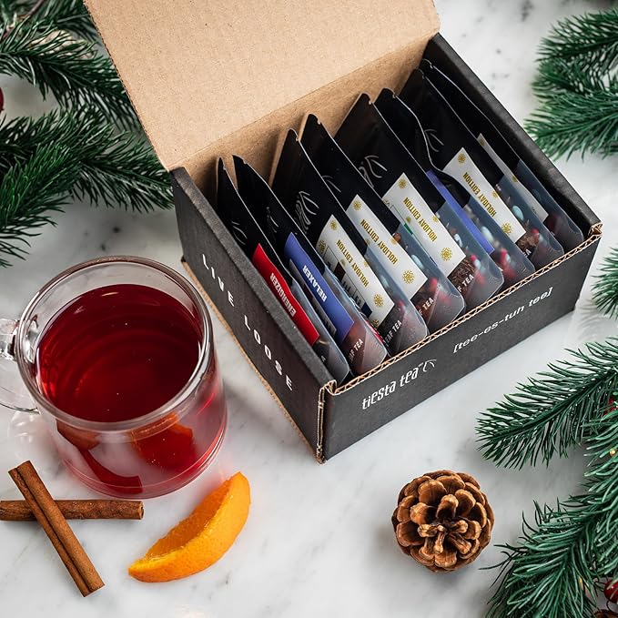Tiesta Tea - Holiday Tea Sampler Dry Flight Set, Loose Leaf, High to No Caffeine Hot & Iced, Premium Brew Sample with Black, Herbal, Fruit & Hibiscus Blends, 8 Resealable Sample Pouches