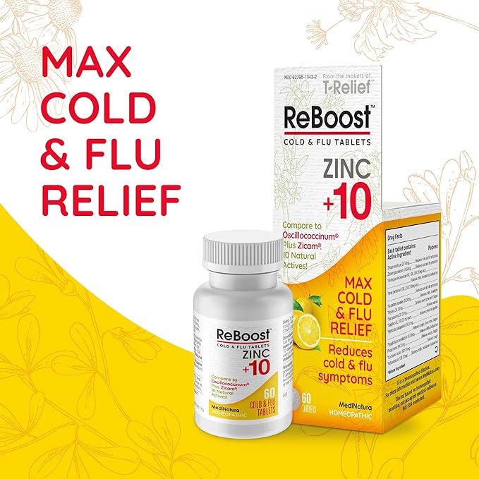 MediNatura ReBoost Cold & Flu Tablets Zinc +10 – Multi-Symptom Relief for Body Aches, Headache, Cough, Runny Nose, Mucus, Chest & Sinus Congestion – Non-Drowsy – Lemon Flavor – 60 Count