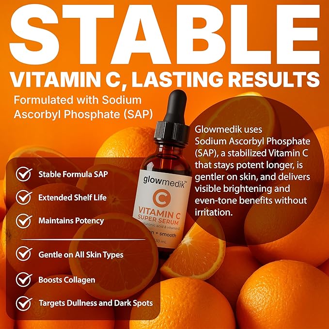GlowMedik Vitamin C Serum for Face – Brightens Dark Spots + Evens Skin Tone with Hyaluronic Acid, Vitamin E & MSM, Hydrates & Firms for a Youthful-Looking, Age-Defying Glow, 30ml 1.01 fl oz
