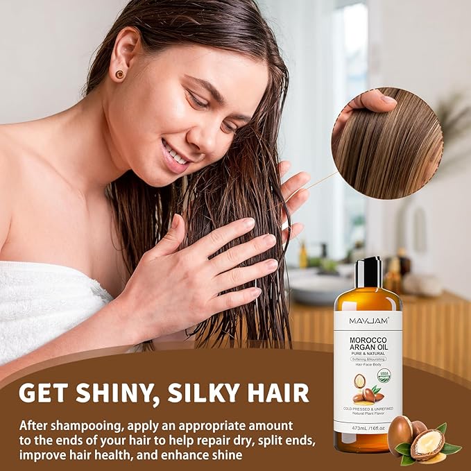 MAYJAM Organic Moroccan Argan Oil 16 Fl Oz, USDA Certified 100% Pure & Natural Carrier Oil For Dry, Damaged Skin, Hair, Face, Body & Scalp Moisturing, Massage Oils for Essential Oils Mixing (473ml)