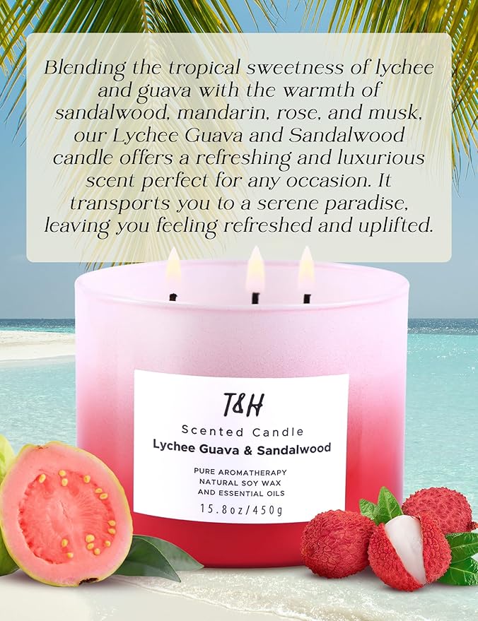 T&H Lychee Guava & Sandalwood 3 Wick Scented Candles, Citrus Patchouli Forest Aromatherapy Soy Candles, 2 x 15.8 Oz