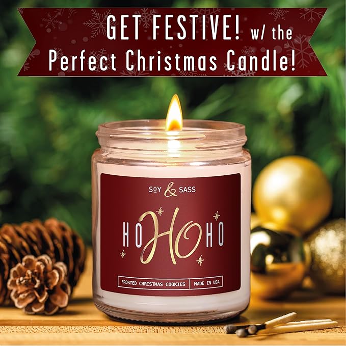 Christmas Candles Scented – ‘Ho Ho Ho’ Soy Christmas Candle, with Santa's Cookies Scent - Infused with Essential Oils I Holiday Candles I 9oz, 50Hr, Made in USA