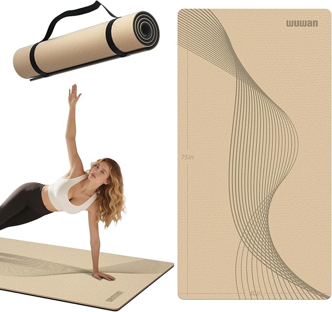 WUWAN Large Yoga Mat 76"x 40"x10mm (2/5 inch) – Extra Thick & Wide, TPE Fitness Mat, Printed Non-Slip Exercise Mat with Carrying Strap for Men & Women, Pilates, Stretching, Fitness & Workout