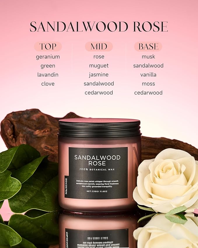 M&SENSE Sandalwood Rose Scented Candle - 11.6oz Natural Soy Wax Non Toxic 70-Hour Burn Long Lasting Candle, 2-Wick Strong Scent for Home - Slow-Burning Housewarming Gift for Men & Women