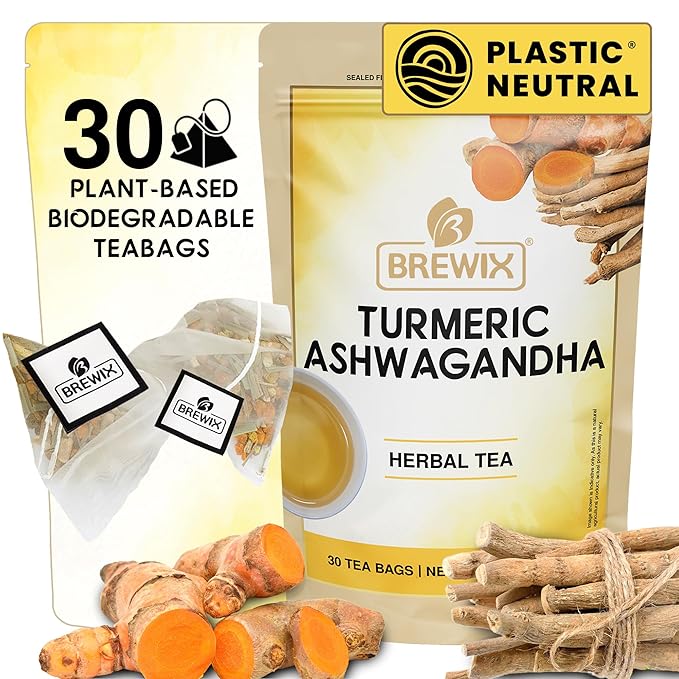 BREWIX, Turmeric Tea with Ashwagandha Root and Black Pepper (30 Plant Based Tea Bags) Caffeine-Free for Relaxation & Daily Stress Support | Herbal Tea For Health & Wellbeing | Supports Restful Sleep