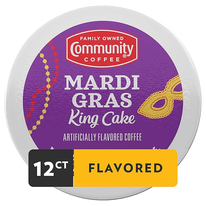 Community Coffee Mardi Gras King Cake Flavored 12 Count Coffee Pods, Medium Roast, Compatible with Keurig 2.0 K-Cup Brewers, 12 Count (Pack of1)