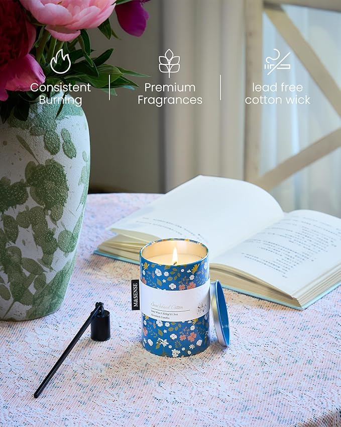 M&SENSE Sea Island Cotton Scented Candle, Medium Jar Candle 11.3oz Natural Soy Wax for Home Scented, Floral Candles Gift for Spring Holiday, Up to 70 Hours Burning Long-Lasting Fragrance
