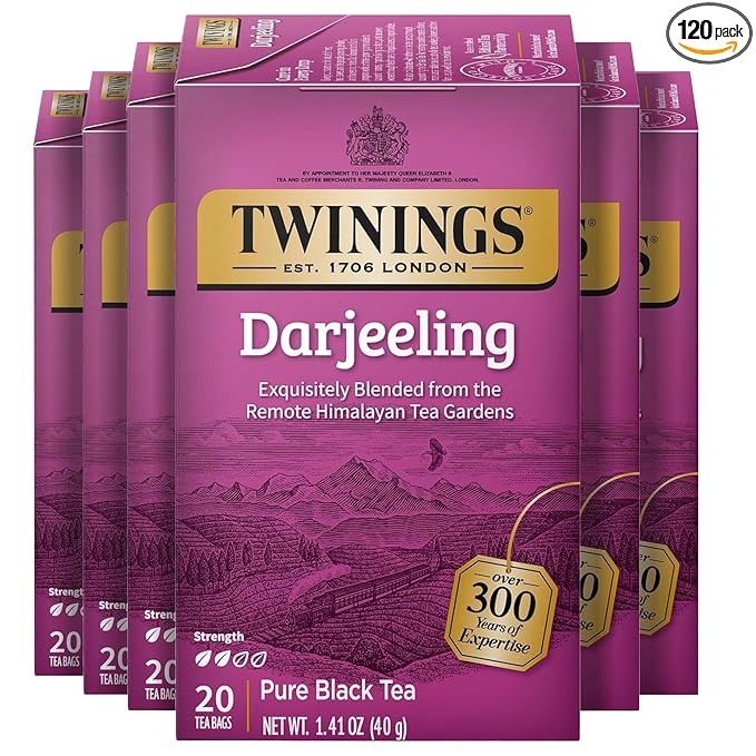 Twinings Darjeeling Black Tea Individually Wrapped Bags, 20 Count (Pack of 6), Delicate Light Taste, Caffeinated, Enjoy Hot or Iced, 120 Teabags