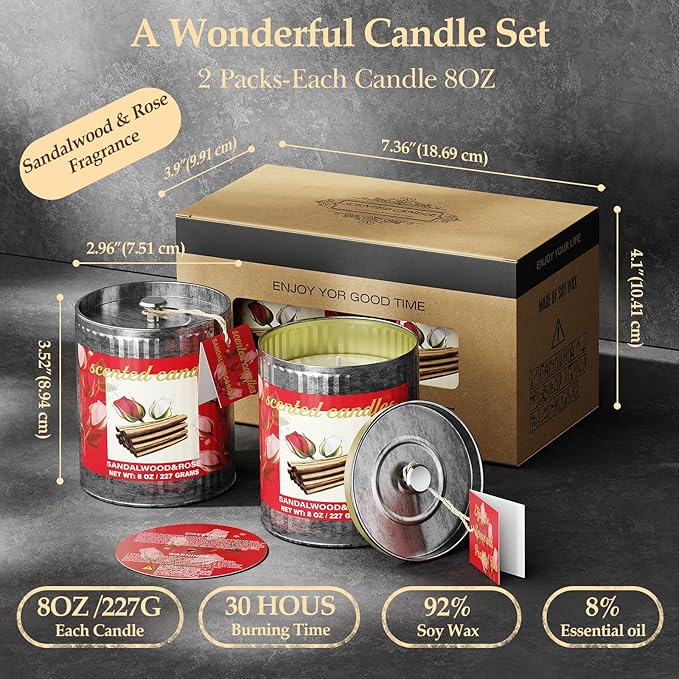 Sandalwood & Rose Scented Soy Wax Candle Set- 8% Essential Oil,8oz-2 Packs 80H Burn Time, Smoke-Free Strong Aromatherapy Candle for Meditation, Yoga, Spa, Vintage Gift Set for Men&Women/Christmas