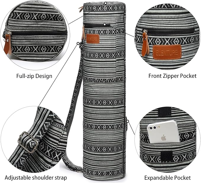ELENTURE Canvas Yoga Mat Bag with Adjustable Strap & Pockets, Full-Zip Travel Gym Tote for Women & Men, Fits 1/4" & 1/3" Thick Mats, Lightweight Carrier for Yoga, Workout, Outdoor Use