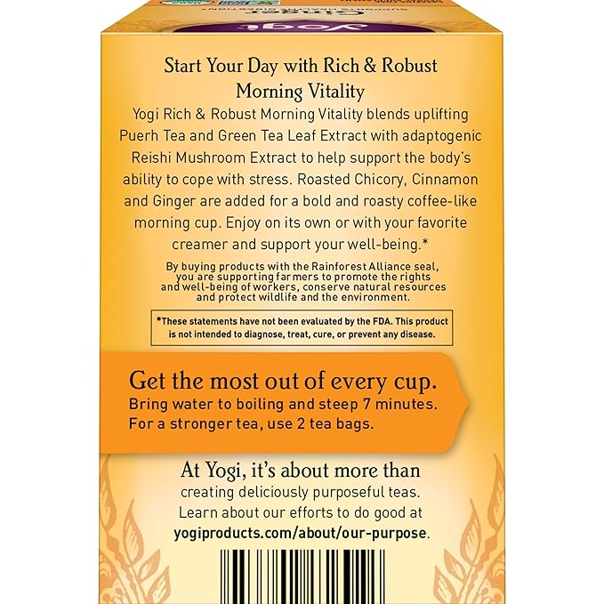 Yogi Tea Rich & Robust Morning Vitality - 16 Bags per Pack (6 Packs) - Organic Adaptogen Tea Perfect for the Morning - Includes Puerh Leaf, Roasted Chicory Root, Cinnamon Bark & More