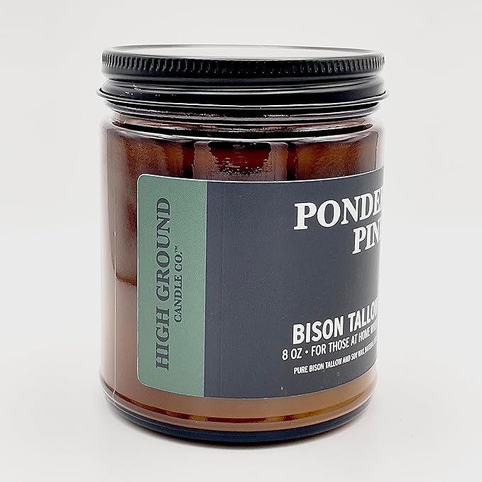 Big Crazy Buffalo Pure Bison Tallow Scented Candle, Ponderosa Pine, 8 oz - Scents of Pine, Cypress, & Cedar - Pure, Low Smoke, Beeswax, Traditional Tallow Candle, Glass Jar